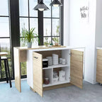 Îlot de cuisine moderne Okak avec plateau au design unique, table îlot de cuisine avec 2 portes et 2 tiroirs, organisateur de comptoir pour la cuisine