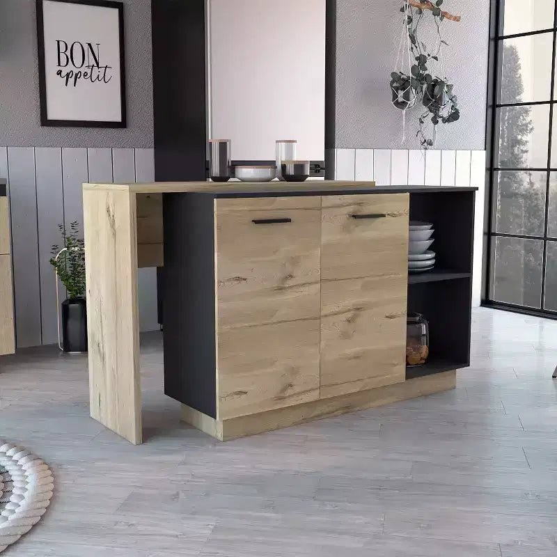 Îlot de cuisine moderne Okak avec plateau au design unique, table îlot de cuisine avec 2 portes et 2 tiroirs, organisateur de comptoir pour la cuisine