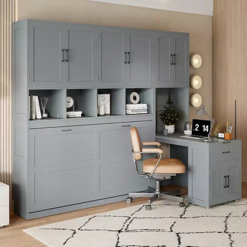 Lit escamotable double avec tiroirs et bureau, cadre de lit mural avec armoire de rangement et étagères, lit escamotable double pour bureau à domicile