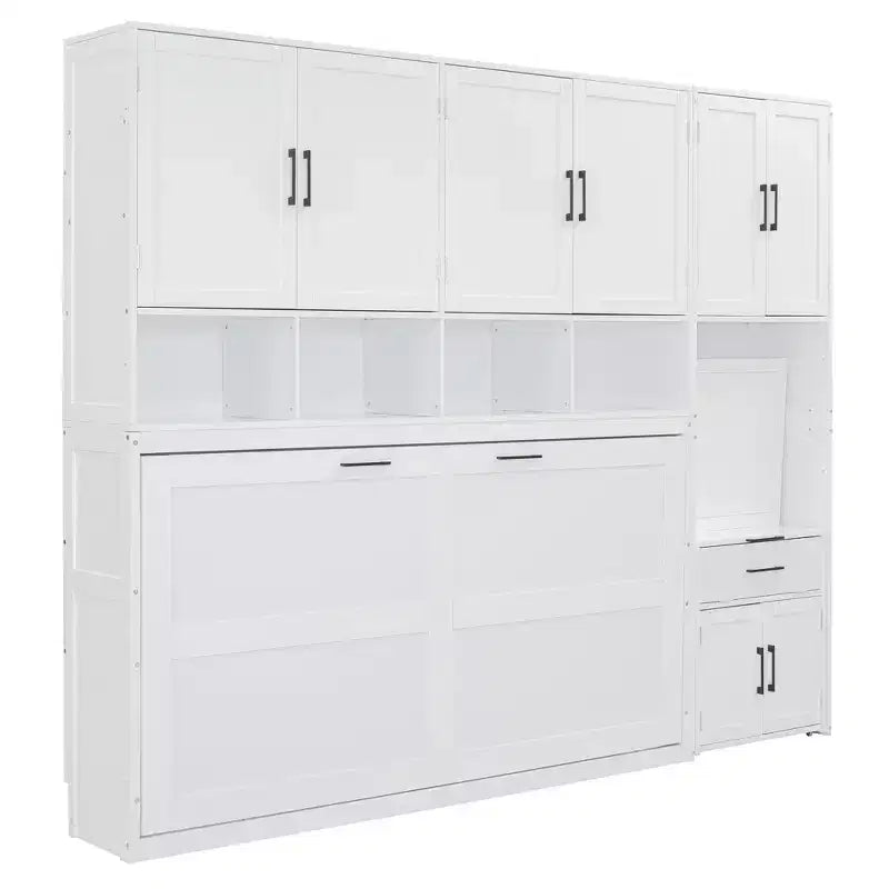Lit escamotable double avec tiroirs et bureau, cadre de lit mural avec armoire de rangement et étagères, lit escamotable double pour bureau à domicile