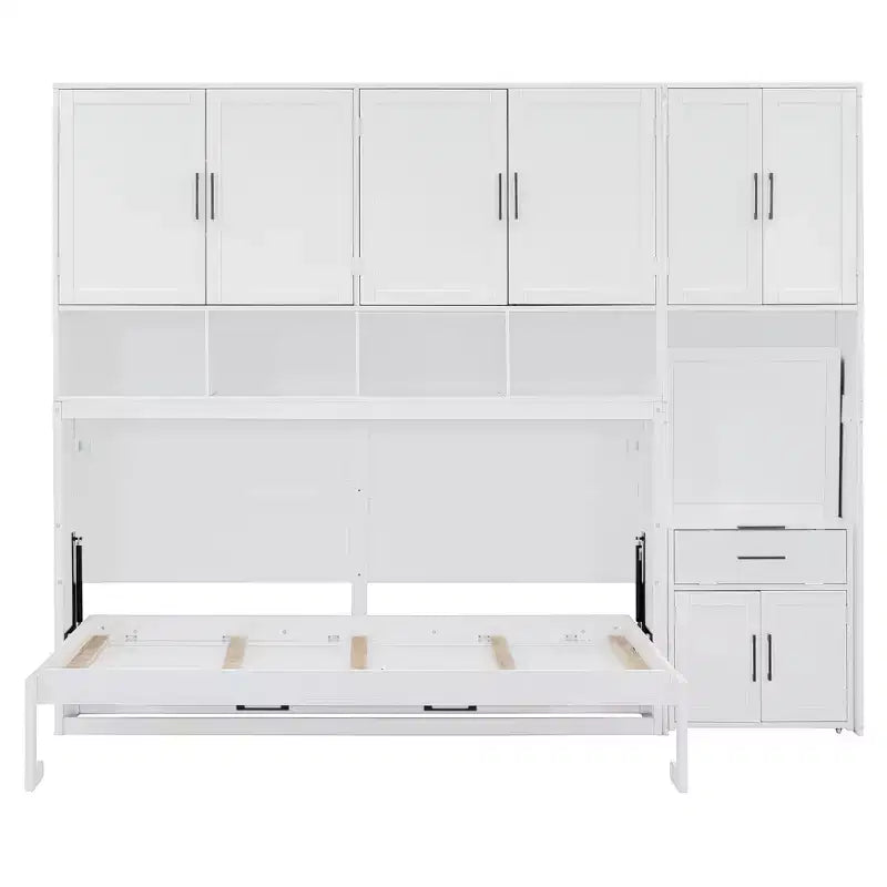 Lit escamotable double avec tiroirs et bureau, cadre de lit mural avec armoire de rangement et étagères, lit escamotable double pour bureau à domicile