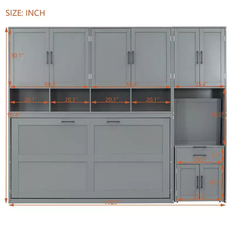 Lit escamotable double avec tiroirs et bureau, cadre de lit mural avec armoire de rangement et étagères, lit escamotable double pour bureau à domicile