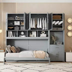 Lit escamotable double avec tiroirs et bureau, cadre de lit mural avec armoire de rangement et étagères, lit escamotable double pour bureau à domicile