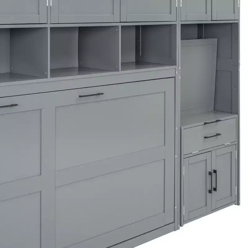 Lit escamotable double avec tiroirs et bureau, cadre de lit mural avec armoire de rangement et étagères, lit escamotable double pour bureau à domicile