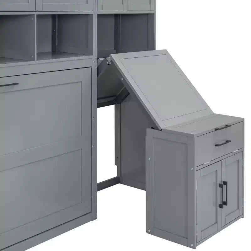 Lit escamotable double avec tiroirs et bureau, cadre de lit mural avec armoire de rangement et étagères, lit escamotable double pour bureau à domicile