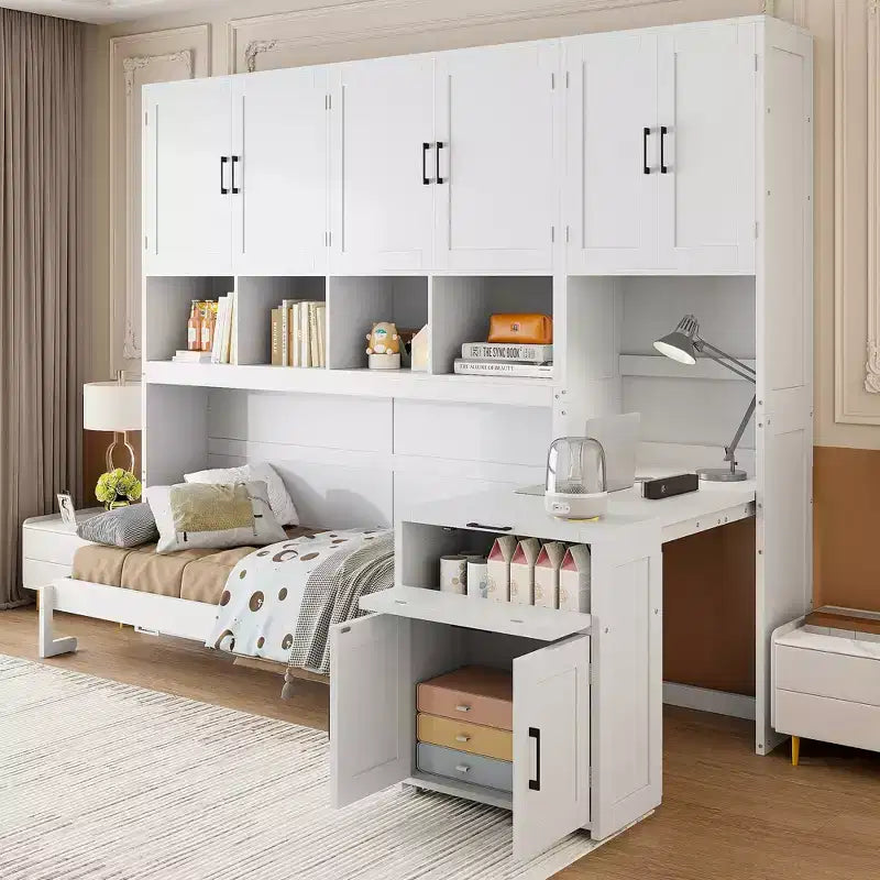 Lit escamotable double avec tiroirs et bureau, cadre de lit mural avec armoire de rangement et étagères, lit escamotable double pour bureau à domicile