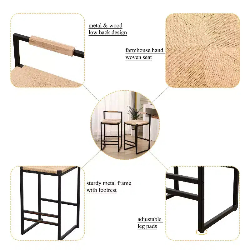 Okak 25 Tabourets de bar en corde de papier tressée avec dossier et repose-pieds, lot de 2, Tabourets de comptoir pour table à manger et îlot de cuisine, Naturel