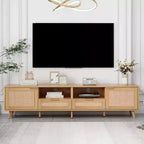 Meuble TV moderne en rotin avec étagères de rangement ouvertes et pieds en bois robustes, centre de divertissement à domicile pour salles de jeux, salons, chambres à coucher, bureaux