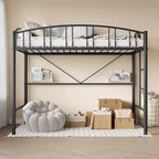 Lit mezzanine une place avec cadre en métal robuste, balustrades cintrées et échelle de sécurité, conception peu encombrante, aucun sommier requis, silencieux