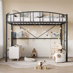Lit mezzanine une place avec cadre en métal robuste, balustrades cintrées et échelle de sécurité, conception peu encombrante, aucun sommier requis, silencieux