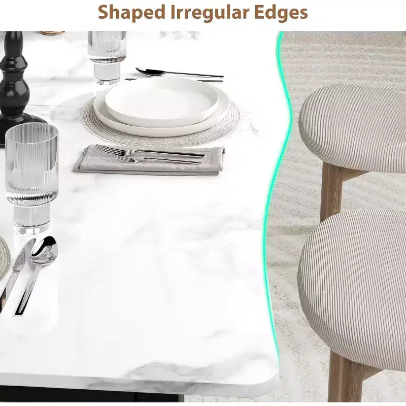 Table à manger avec bord irrégulier ondulé, plateau en MDF de 15 mm d'épaisseur et cadre en métal, pour cuisine, marbre