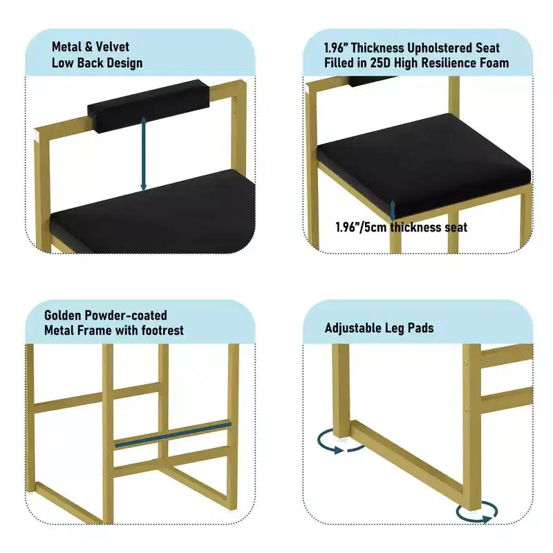 Okak Tabourets de Bar Rembourrés en Velours Lot de 2, Tabourets de Comptoir de Cuisine Modernes avec Assise Carrée pour Îlot de Cuisine, Salle à Manger