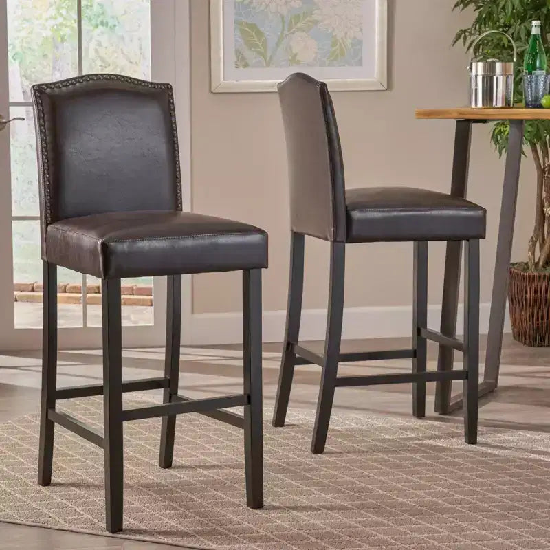 Tabourets de bar Okak modernes minimalistes hauteur comptoir, lot de 2, tabourets de comptoir en similicuir PU avec dossier en bois d'hévéa,