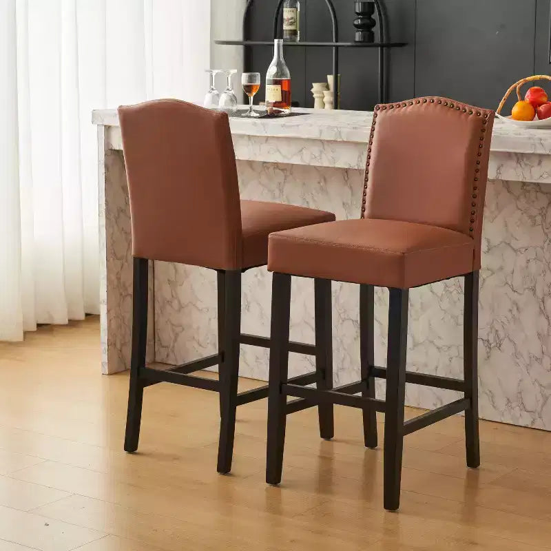 Tabourets de bar Okak modernes minimalistes hauteur comptoir, lot de 2, tabourets de comptoir en similicuir PU avec dossier en bois d'hévéa,