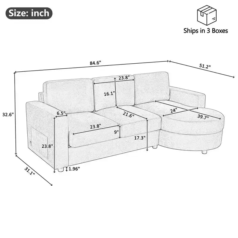Whisen 84.6 Canapé et sofa d'angle modernes en L avec méridienne incurvée et poches de rangement latérales