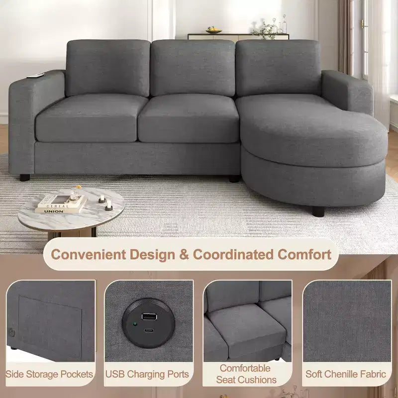 Whisen 84.6 Canapé et sofa d'angle modernes en L avec méridienne incurvée et poches de rangement latérales