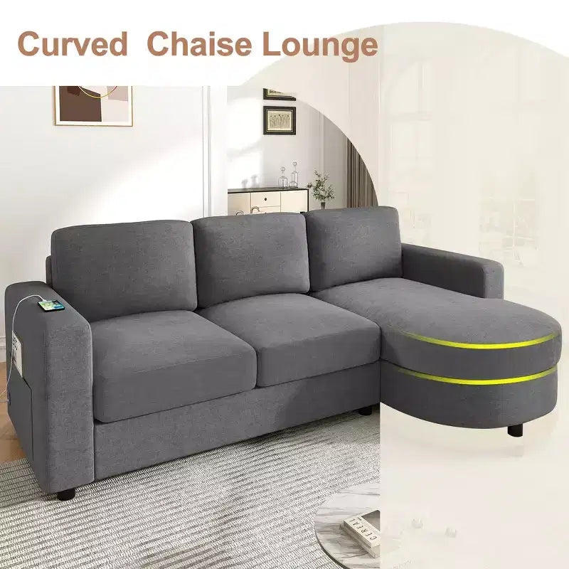 Whisen 84.6 Canapé et sofa d'angle modernes en L avec méridienne incurvée et poches de rangement latérales