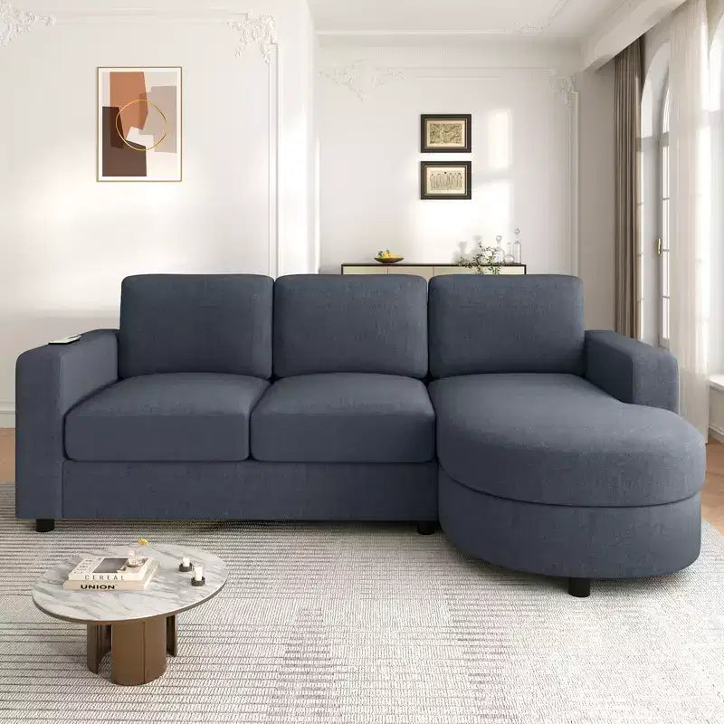Whisen 84.6 Canapé et sofa d'angle modernes en L avec méridienne incurvée et poches de rangement latérales