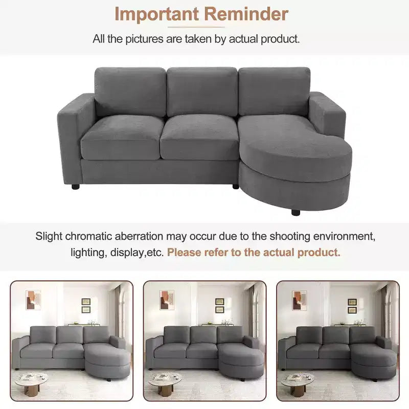 Whisen 84.6 Canapé et sofa d'angle modernes en L avec méridienne incurvée et poches de rangement latérales