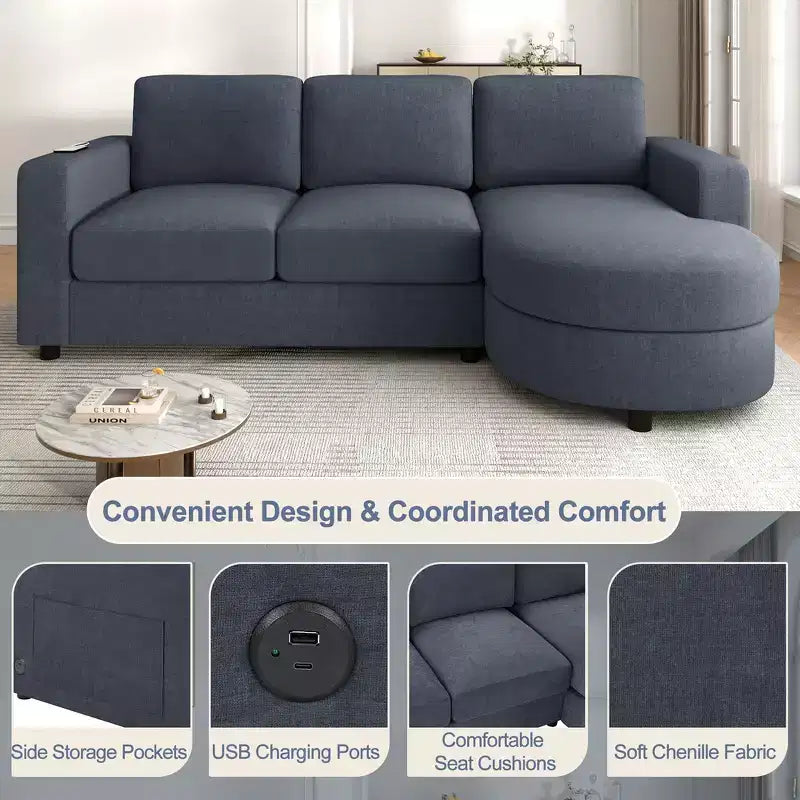 Whisen 84.6 Canapé et sofa d'angle modernes en L avec méridienne incurvée et poches de rangement latérales