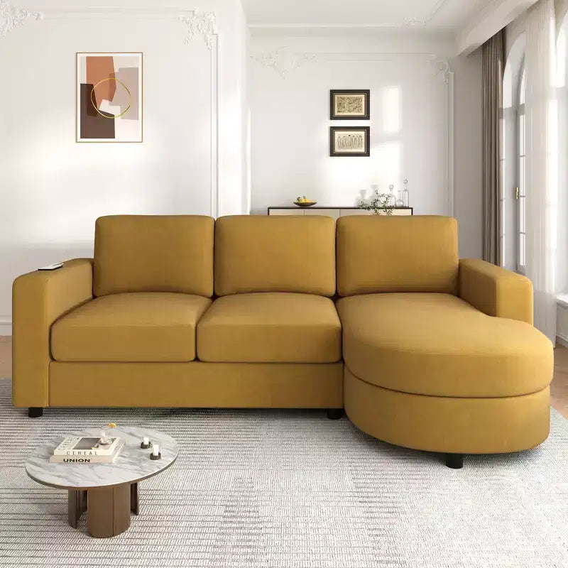 Whisen 84.6 Canapé et sofa d'angle modernes en L avec méridienne incurvée et poches de rangement latérales