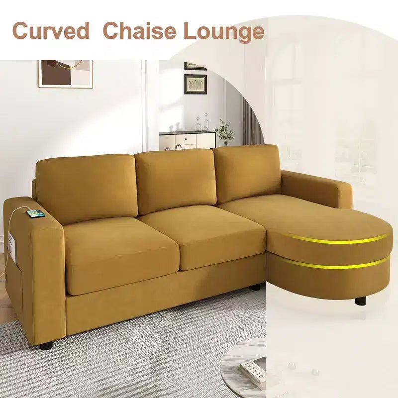 Whisen 84.6 Canapé et sofa d'angle modernes en L avec méridienne incurvée et poches de rangement latérales