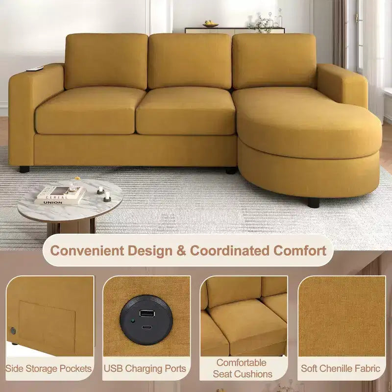 Whisen 84.6 Canapé et sofa d'angle modernes en L avec méridienne incurvée et poches de rangement latérales