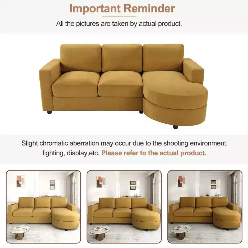 Whisen 84.6 Canapé et sofa d'angle modernes en L avec méridienne incurvée et poches de rangement latérales