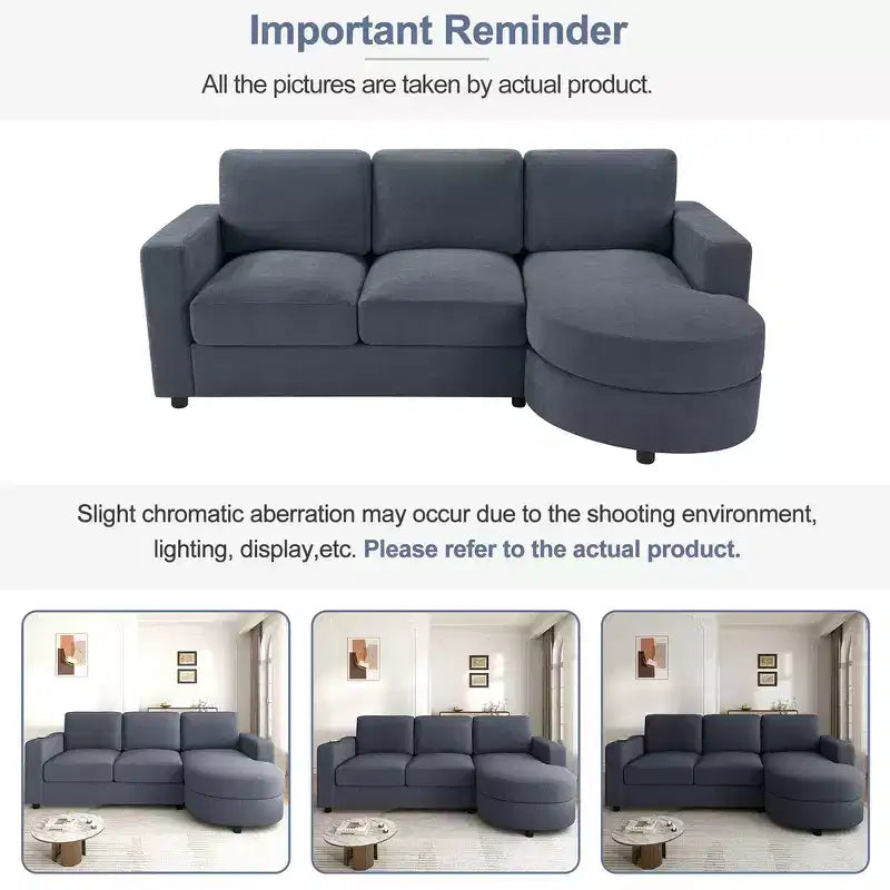 Whisen 84.6 Canapé et sofa d'angle modernes en L avec méridienne incurvée et poches de rangement latérales