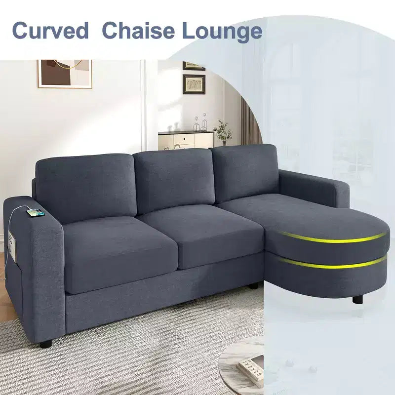 Whisen 84.6 Canapé et sofa d'angle modernes en L avec méridienne incurvée et poches de rangement latérales