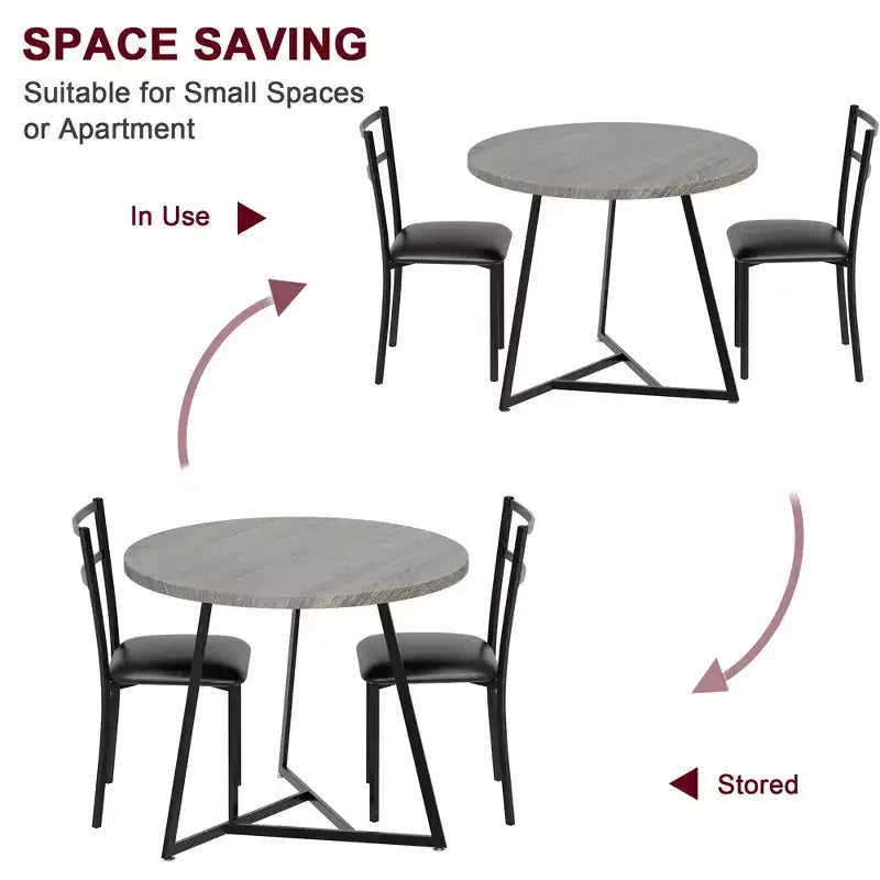 Ensemble table à manger et 2 chaises, table de cuisine ronde en bois et chaises, 2 chaises en métal et bois, pour petit espace, appartement