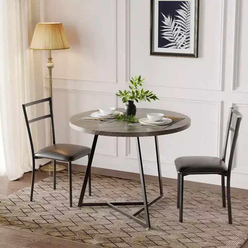 Ensemble table à manger et 2 chaises, table de cuisine ronde en bois et chaises, 2 chaises en métal et bois, pour petit espace, appartement