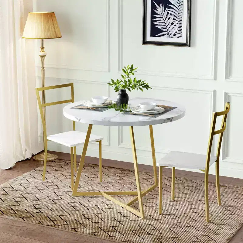 Ensemble table à manger et 2 chaises, table de cuisine ronde en bois et chaises, 2 chaises en métal et bois, pour petit espace, appartement