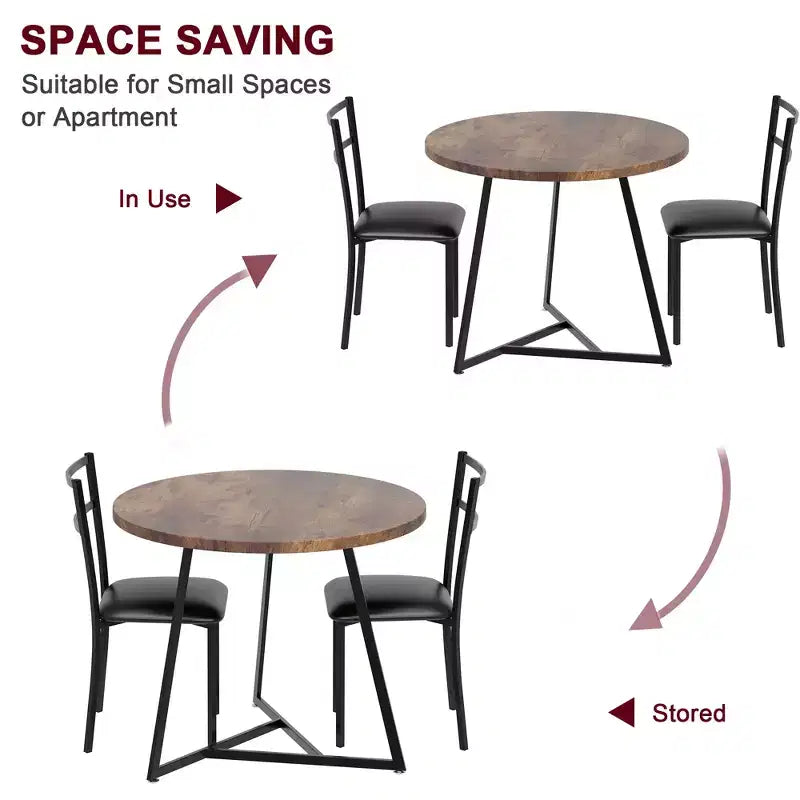 Ensemble table à manger et 2 chaises, table de cuisine ronde en bois et chaises, 2 chaises en métal et bois, pour petit espace, appartement