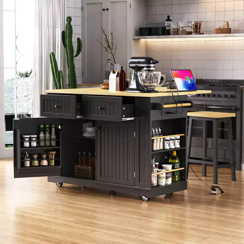 Grand îlot de cuisine JVNOXK de 122 cm, avec panneaux rabattables, chariot de rangement mobile à 5 roues avec 5 étagères latérales ouvertes (tabourets non inclus) Noir