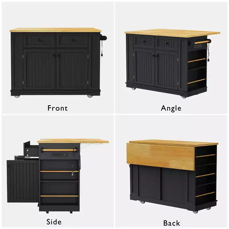 Grand îlot de cuisine JVNOXK de 122 cm, avec panneaux rabattables, chariot de rangement mobile à 5 roues avec 5 étagères latérales ouvertes (tabourets non inclus) Noir
