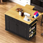 Grand îlot de cuisine JVNOXK de 122 cm, avec panneaux rabattables, chariot de rangement mobile à 5 roues avec 5 étagères latérales ouvertes (tabourets non inclus) Noir