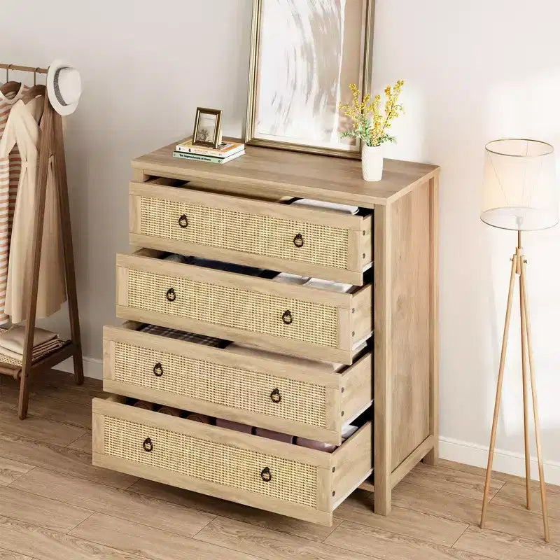Commode 4 tiroirs pour chambre à coucher, commode en rotin avec poignées métalliques, table de chevet haute et étroite de 94 cm, armoire de rangement en bois pour vêtements de salon