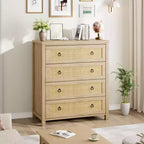 4 Drawer Dresser for Bedroom, Rattan Chest of Drawers with Metal Handles, 37 Tall Narrow Nightstand, Wooden Clothes Storage Cabinet for Living Room