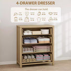 Commode 4 tiroirs pour chambre à coucher, commode en rotin avec poignées métalliques, table de chevet haute et étroite de 94 cm, armoire de rangement en bois pour vêtements de salon