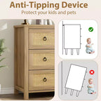Commode 4 tiroirs pour chambre à coucher, commode en rotin avec poignées métalliques, table de chevet haute et étroite de 94 cm, armoire de rangement en bois pour vêtements de salon
