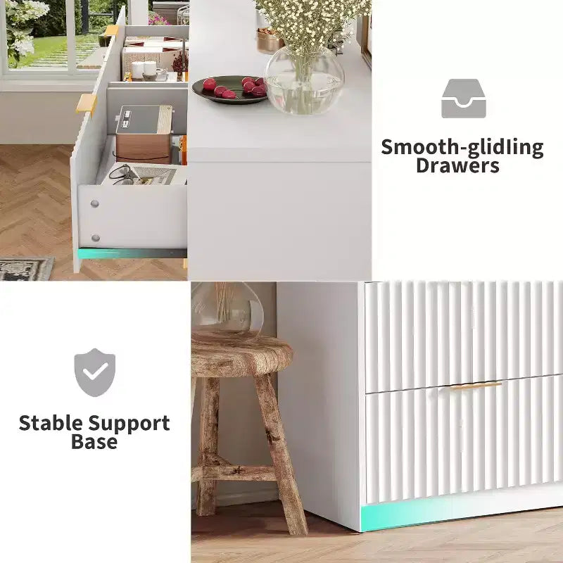 Coiffeuse à motif rainuré avec 8 tiroirs et double niveau, grande capacité avec dispositif anti-basculement, équipée de poignées métalliques