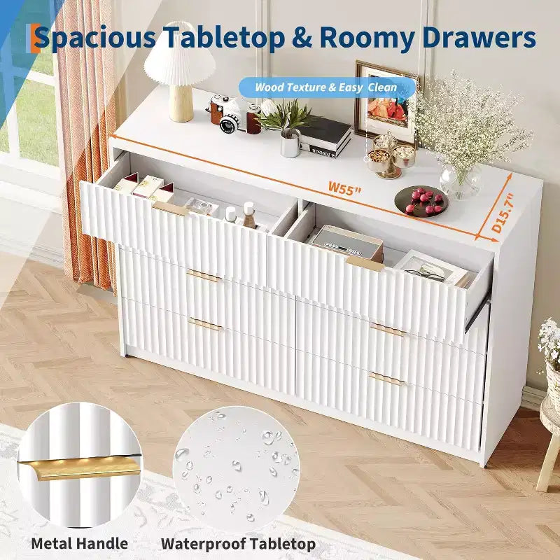 Coiffeuse à motif rainuré avec 8 tiroirs et double niveau, grande capacité avec dispositif anti-basculement, équipée de poignées métalliques