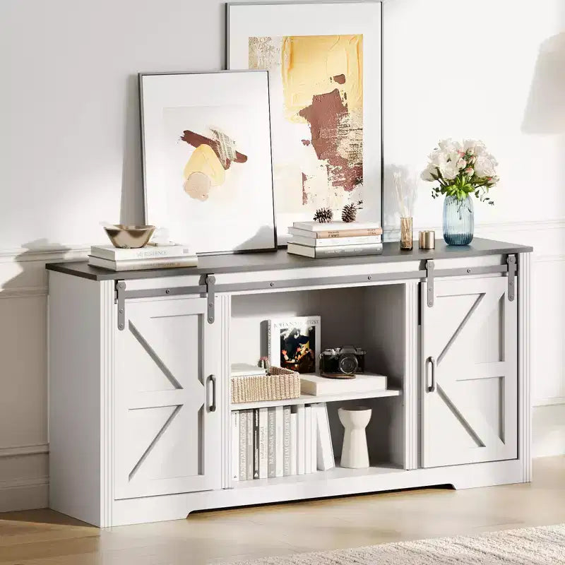 Meuble TV de ferme COZONY pour téléviseurs jusqu'à 70 pouces, centre de divertissement en bois de 66 pouces avec 4 tiroirs, porte coulissante de grange et étagères de rangement pour le salon