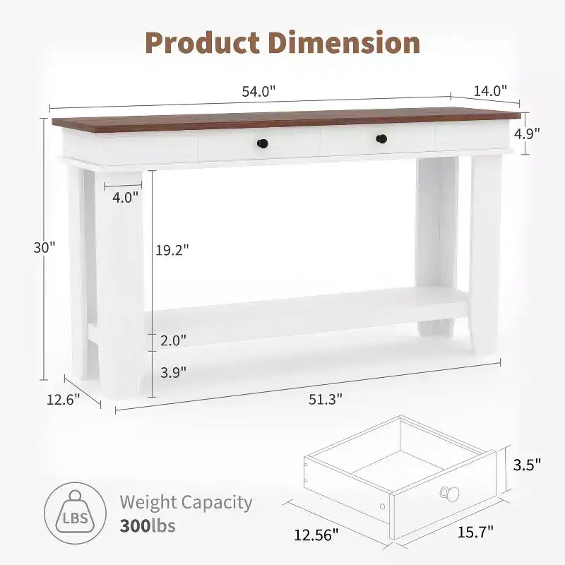 Console GustoWave de 54 pouces avec 2 tiroirs et étagère inférieure, table d'appoint moderne à 2 niveaux