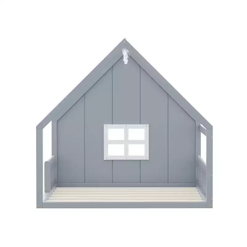 Lit de sol pleine grandeur pour enfants, lit Montessori en bois avec clôture et lumière LED, lit cabane pleine grandeur avec fenêtre et toit pour filles et garçons