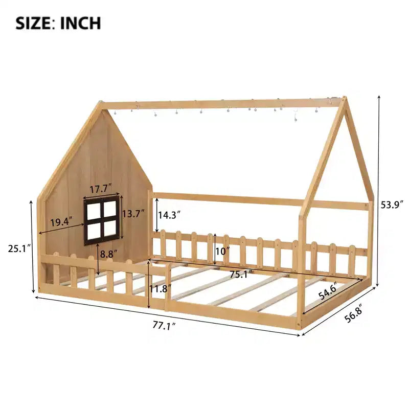 Lit de sol pleine grandeur pour enfants, lit Montessori en bois avec clôture et lumière LED, lit cabane pleine grandeur avec fenêtre et toit pour filles et garçons