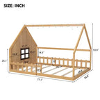 Lit de sol pleine grandeur pour enfants, lit Montessori en bois avec clôture et lumière LED, lit cabane pleine grandeur avec fenêtre et toit pour filles et garçons