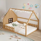 Lit de sol pleine grandeur pour enfants, lit Montessori en bois avec clôture et lumière LED, lit cabane pleine grandeur avec fenêtre et toit pour filles et garçons