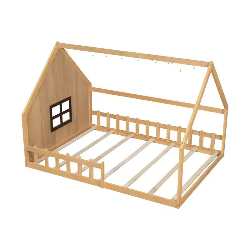 Lit de sol pleine grandeur pour enfants, lit Montessori en bois avec clôture et lumière LED, lit cabane pleine grandeur avec fenêtre et toit pour filles et garçons